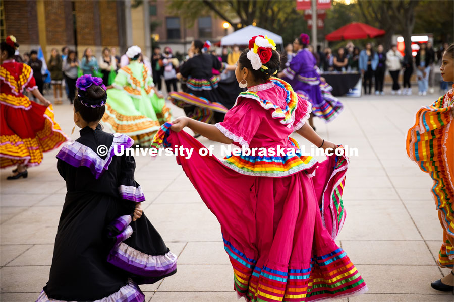 Dancers performing a traditional  dance. Fiesta on the green at the Nebraska Union Plaza. Fiesta on the Green is an annual Latino culture and heritage festival. October 5, 2023. Photo by Kristen Labadie / University Communication.